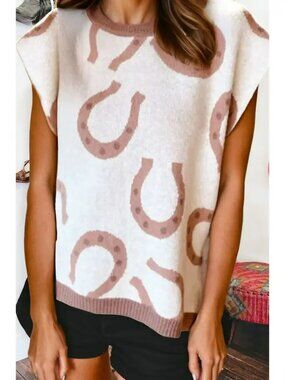 Horse Shoe Western Print Tied Side Cap Sleeve Knit Sweater NEW
